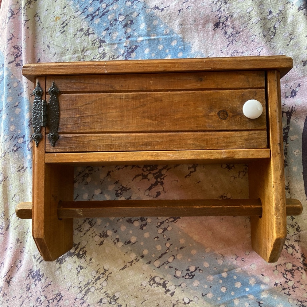 VTG Wooden Wall Shelf Cabinet Paper Towel Holder Handmade 70s Farmhouse Rustic